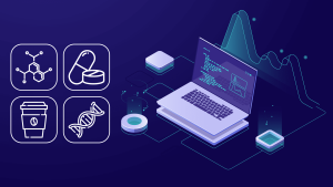 Laptop mit Diagrammen und Symbole für Bioinformatik (DNA, Strukturformel u.a.)